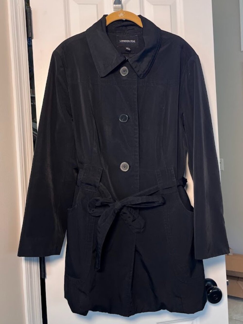 London Fog Black Button Front Belted Trench Jacket